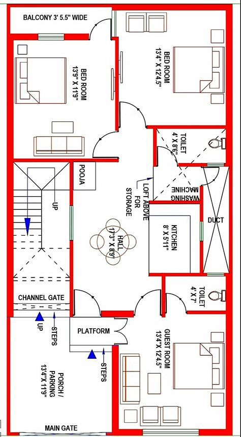 3 BHK house plan with a staircases