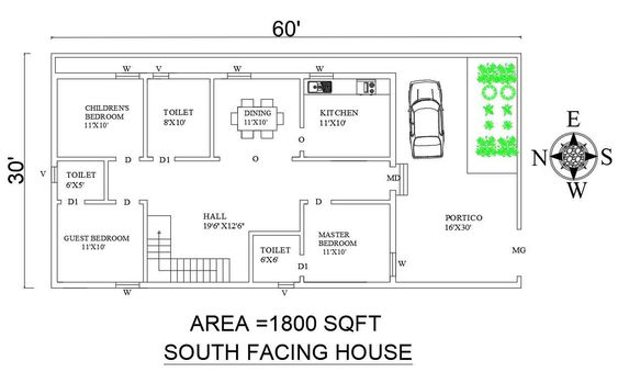 3 BHK house plan with a staircase 