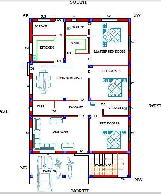 3 Bedroom house plan as per Vastu 