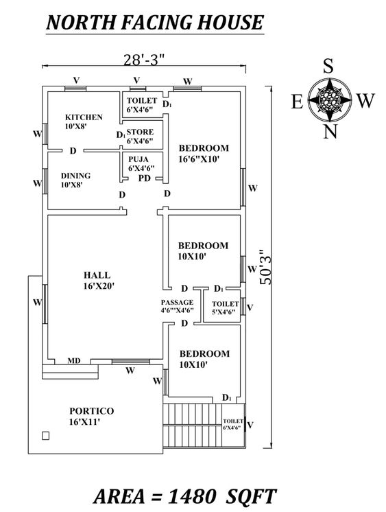 3 BHK house plan for north-facing plot