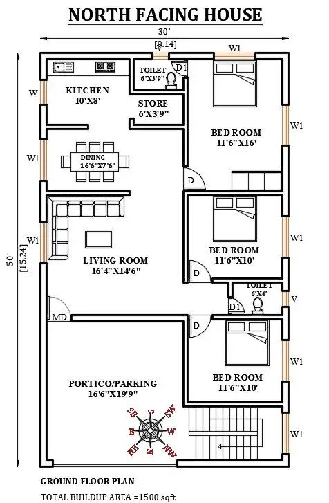 3 BHK house plan for north-facing plots