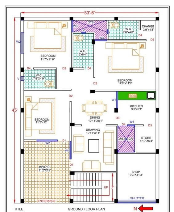 3 BHK house plan with a shop 