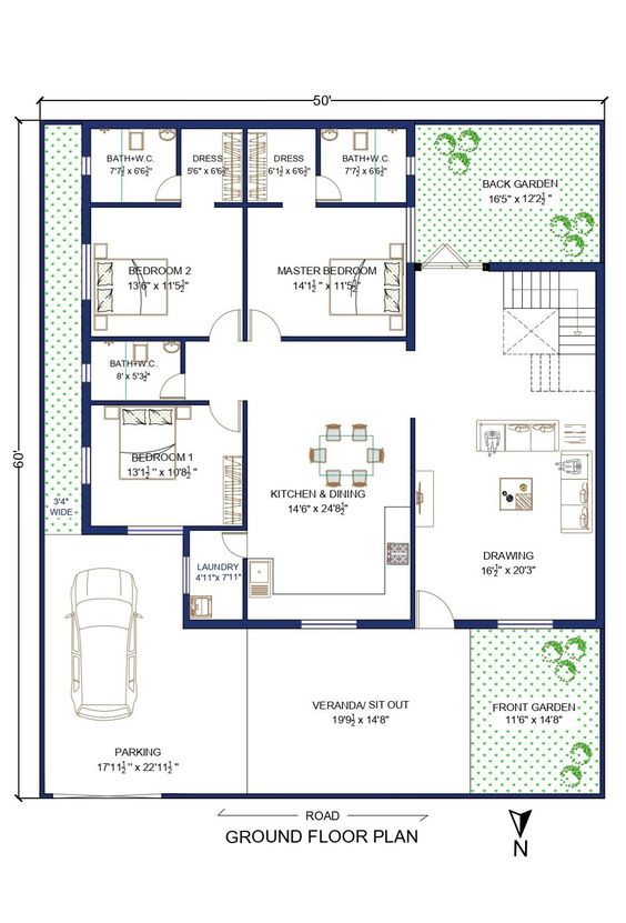 3 BHK house plan with a garden