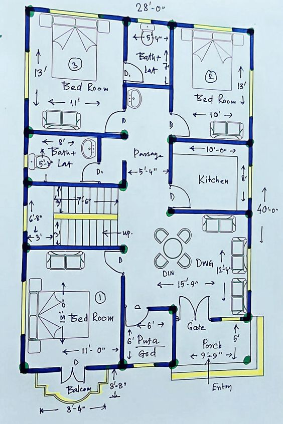 3 BHK house plan for east-facing plots