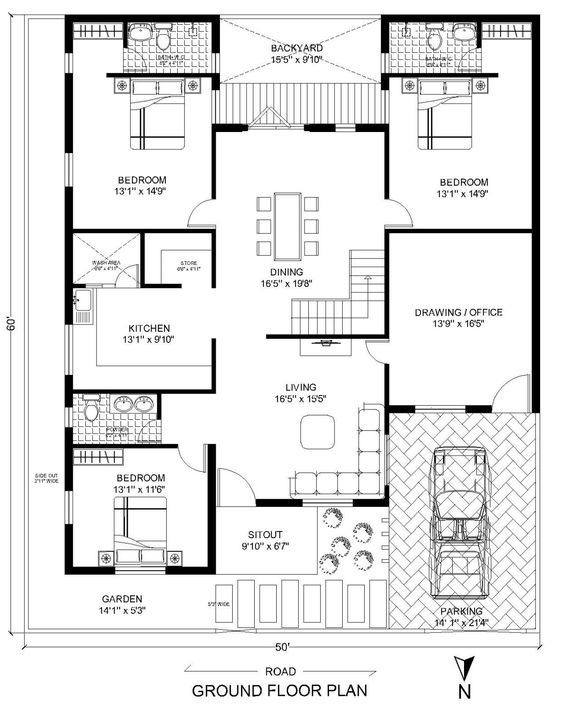 3 BHK house plan with a gardens