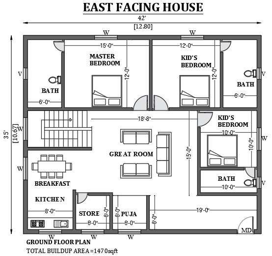 3 BHK house plan for ground floors