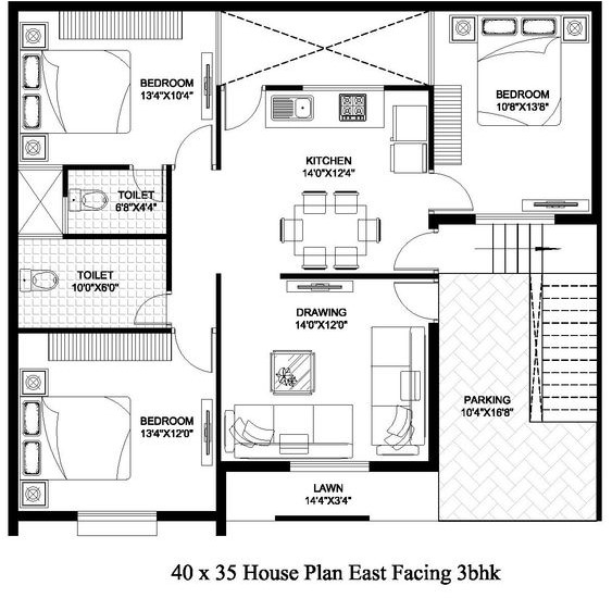 3 bedroom house plan for ground floor