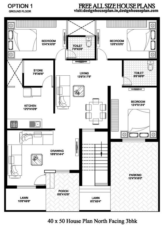3 BHK house plan with a cars parking 