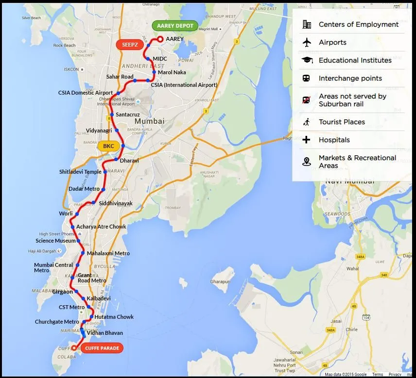 Mumbai Metro Line 3 Route: Aqua-Line from Cuffe Parade to Aarey Colony.
